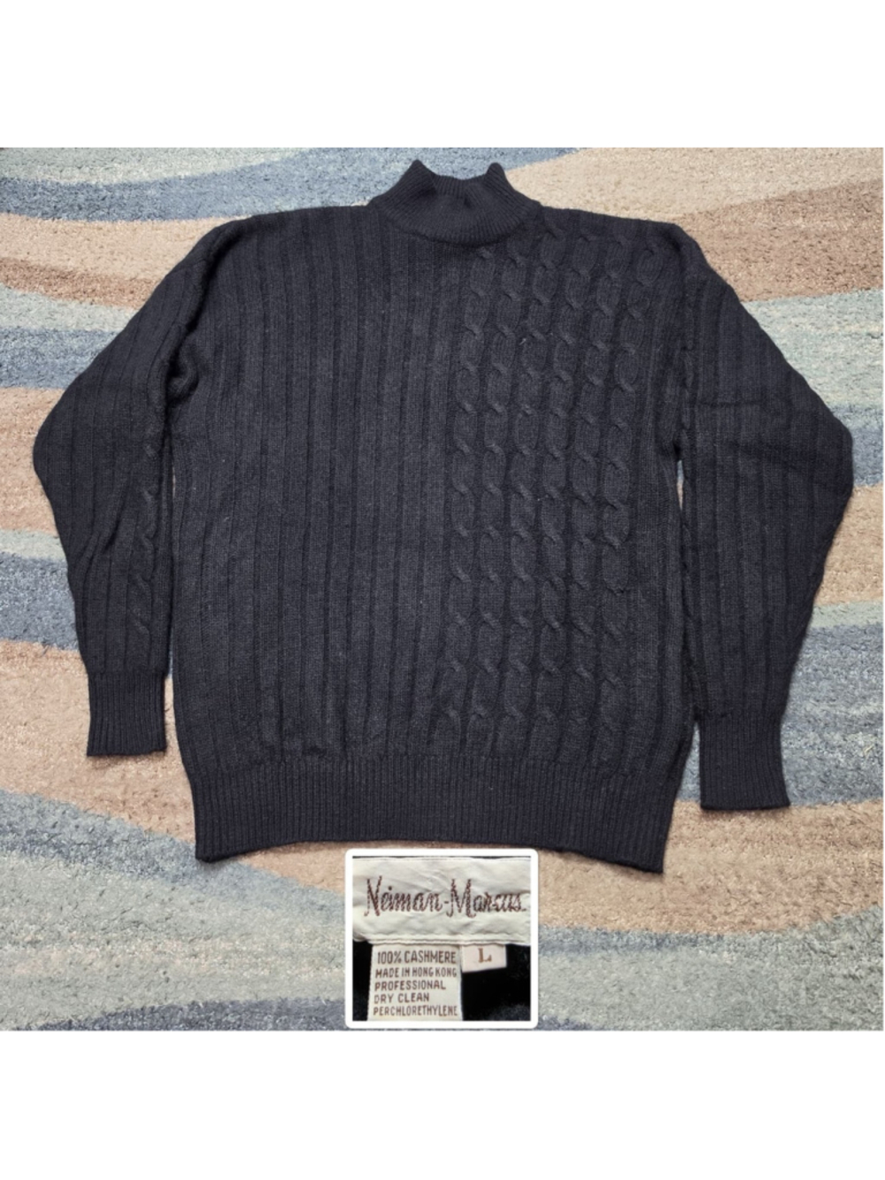 Vintage Neiman Marcus 100% Cashmere Sweater Mock Neck Cable Knit Black Mens L